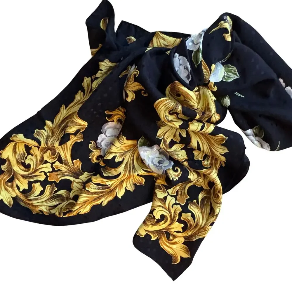 Jeannene Booher silk scarf large square satin brocade black gold & white floral